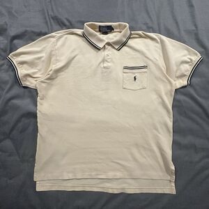 Vintage 90s Polo Ralph Lauren Shirt Mens L Short Sleeve Trim Collar Cuffs Beige